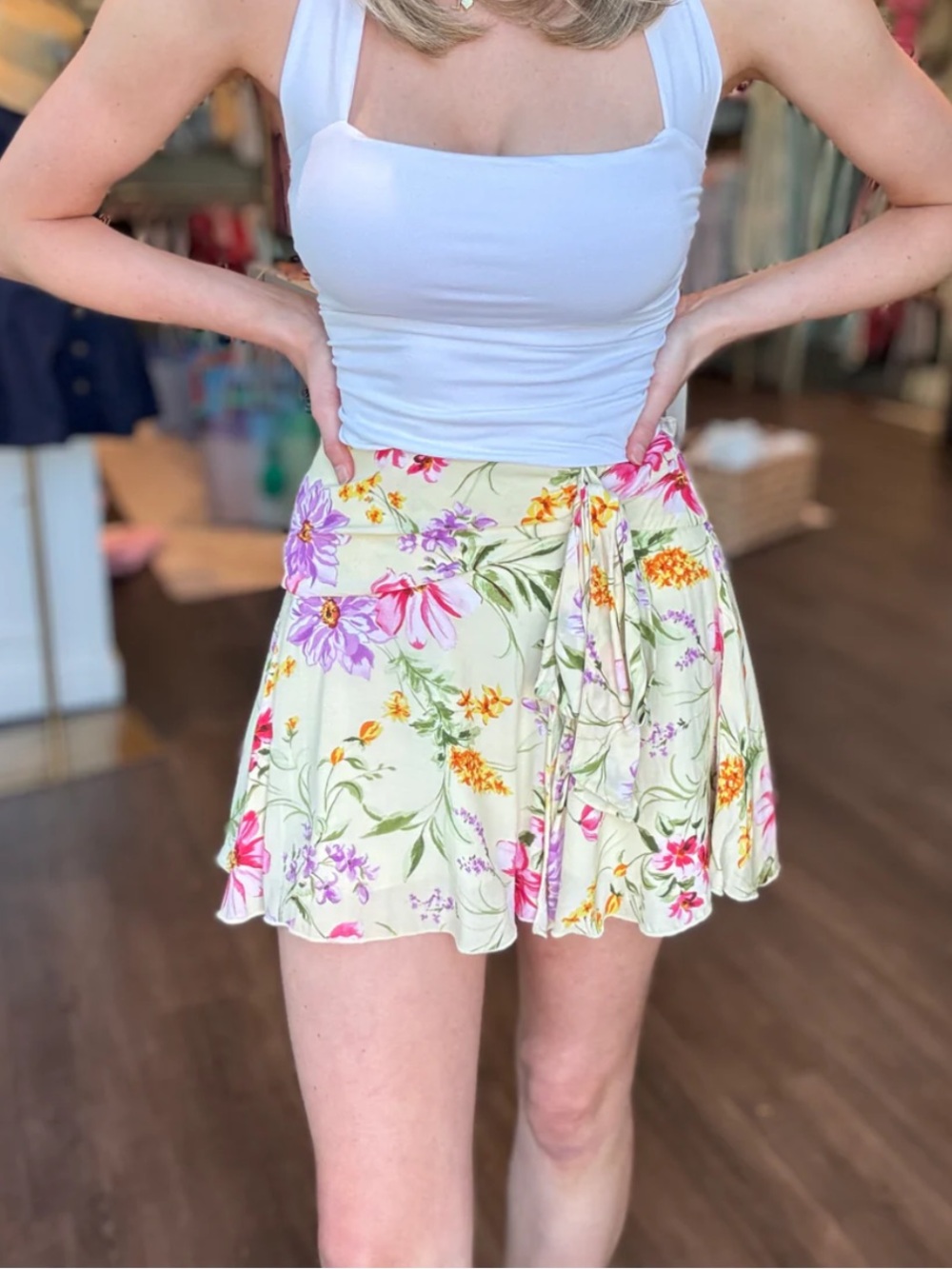 Olivaceous Chelsie Butter Floral Wrap Mini Skirt